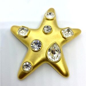 Vintage KJL Brushed Matte Gold Tone Crystal Star Brooch